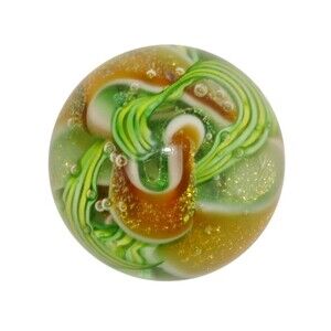 Glass Eye Studio GES 2013 Art Glass Gold Green Yellow Swirl Design Paperweight